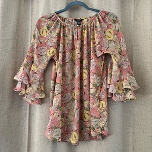 CHAPS Floral Poet Bohemian Blouse w/Ruffle Tiered Bell Sleeves, Size S.